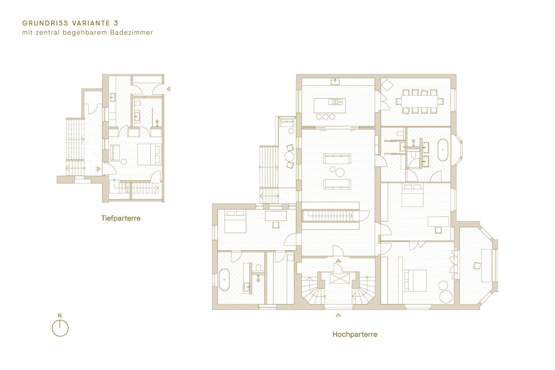Grundriss Variante 3 mit zentral begehbarem Badezimmer bietet eine modifizierte Raumgestaltung und Terrassenzugang.
