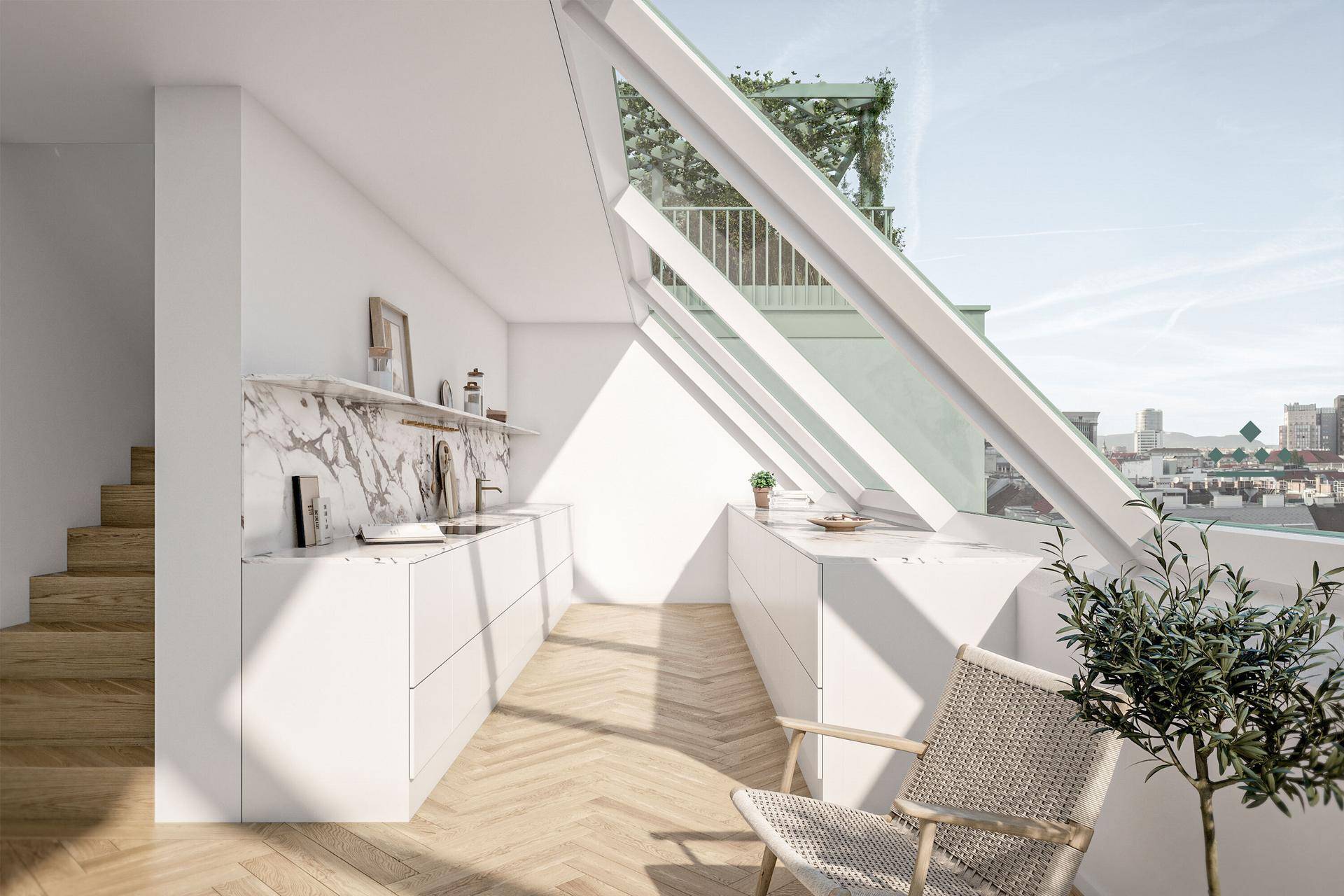 Moderne Küchenzeile im Dachgeschoss mit Marmor-Rückwand und schrägen Fenstern für viel Licht.