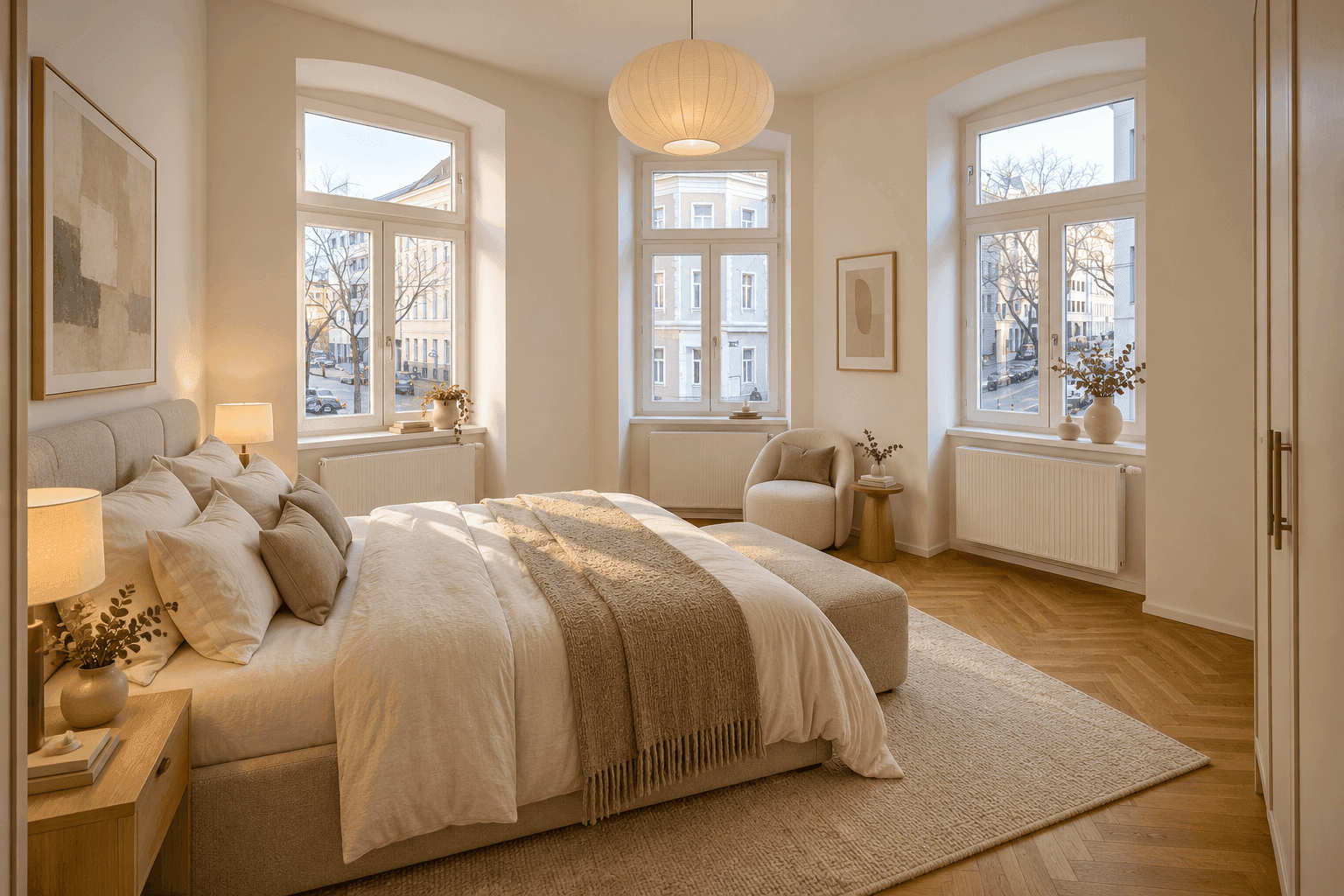 Elegantes Wiener Schlafzimmer mit drei Fenstern