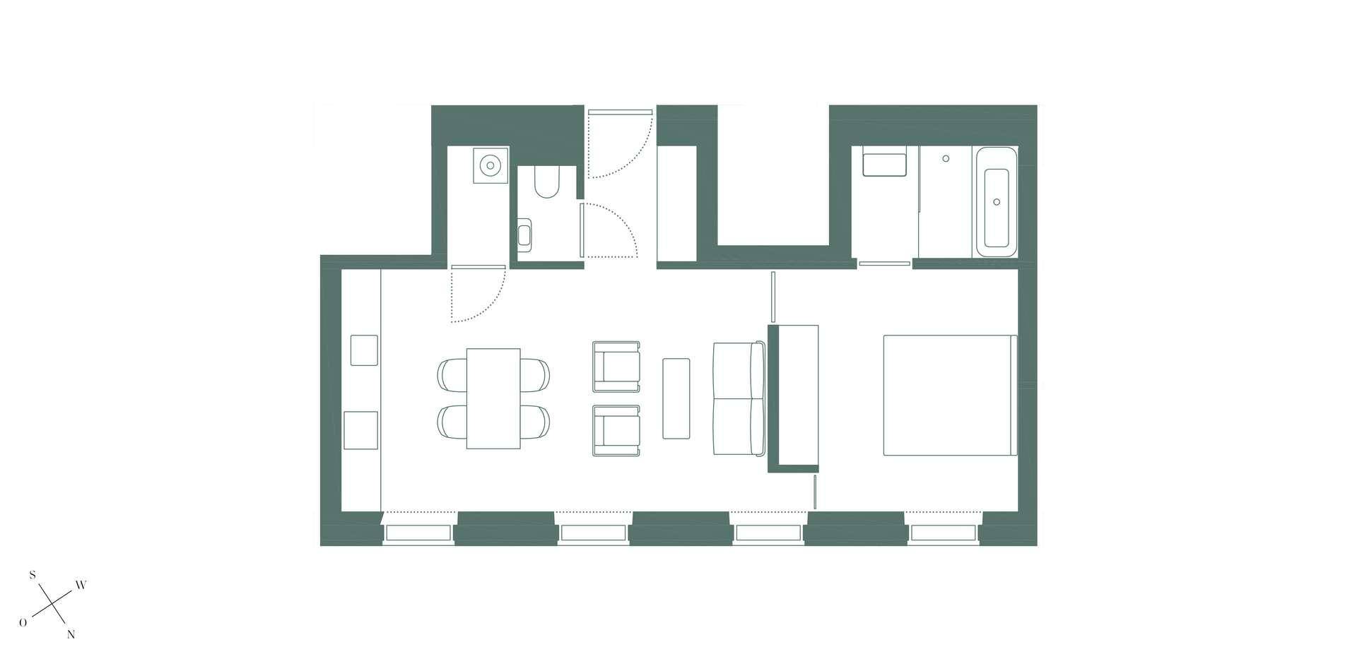 Grundriss einer Wohnung mit offenem Wohnbereich, Schlafzimmer und zwei Bädern.