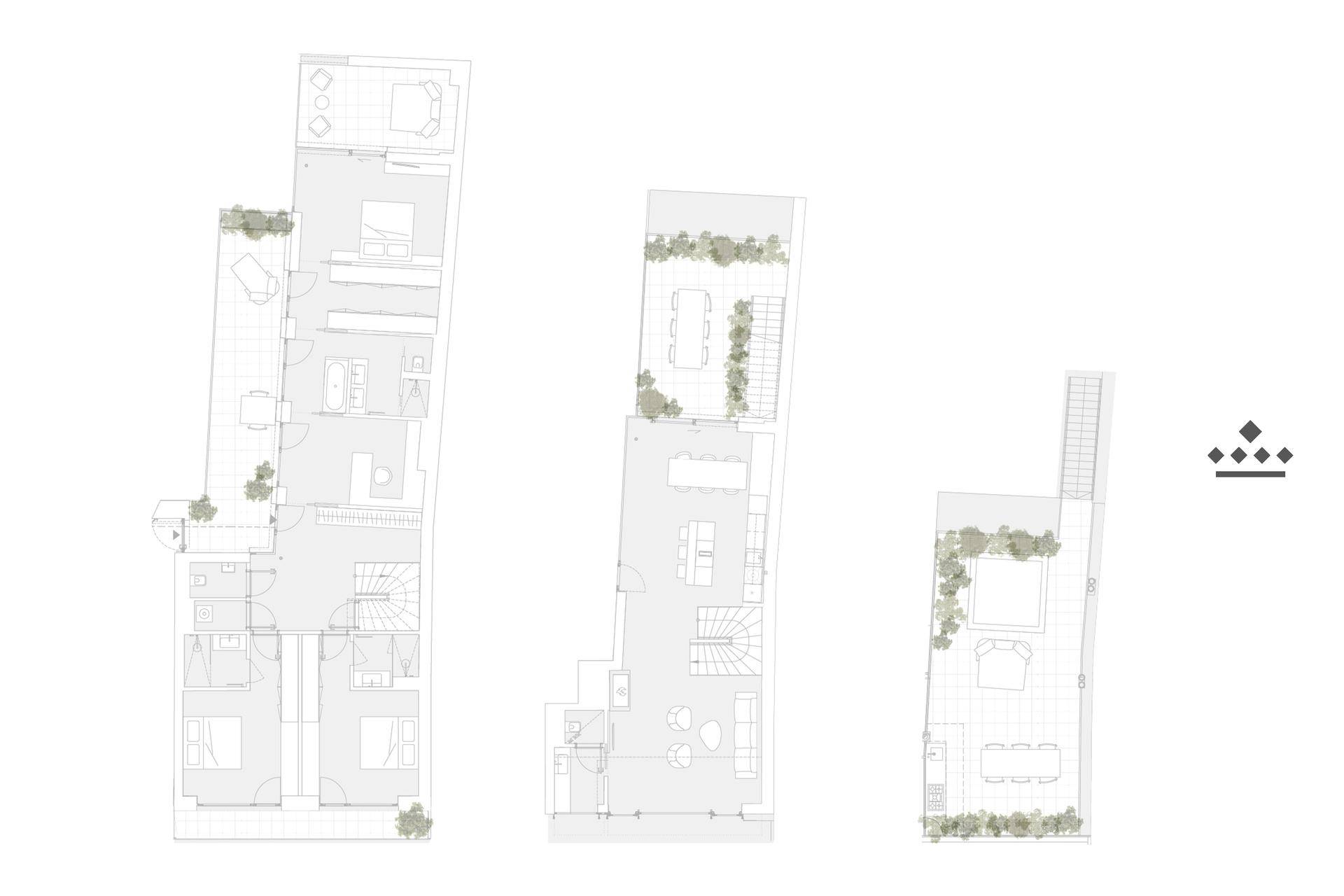 Grundrisse zeigen verschiedene Ebenen einer modernen Wohnung mit Terrassen und offenem Layout.
