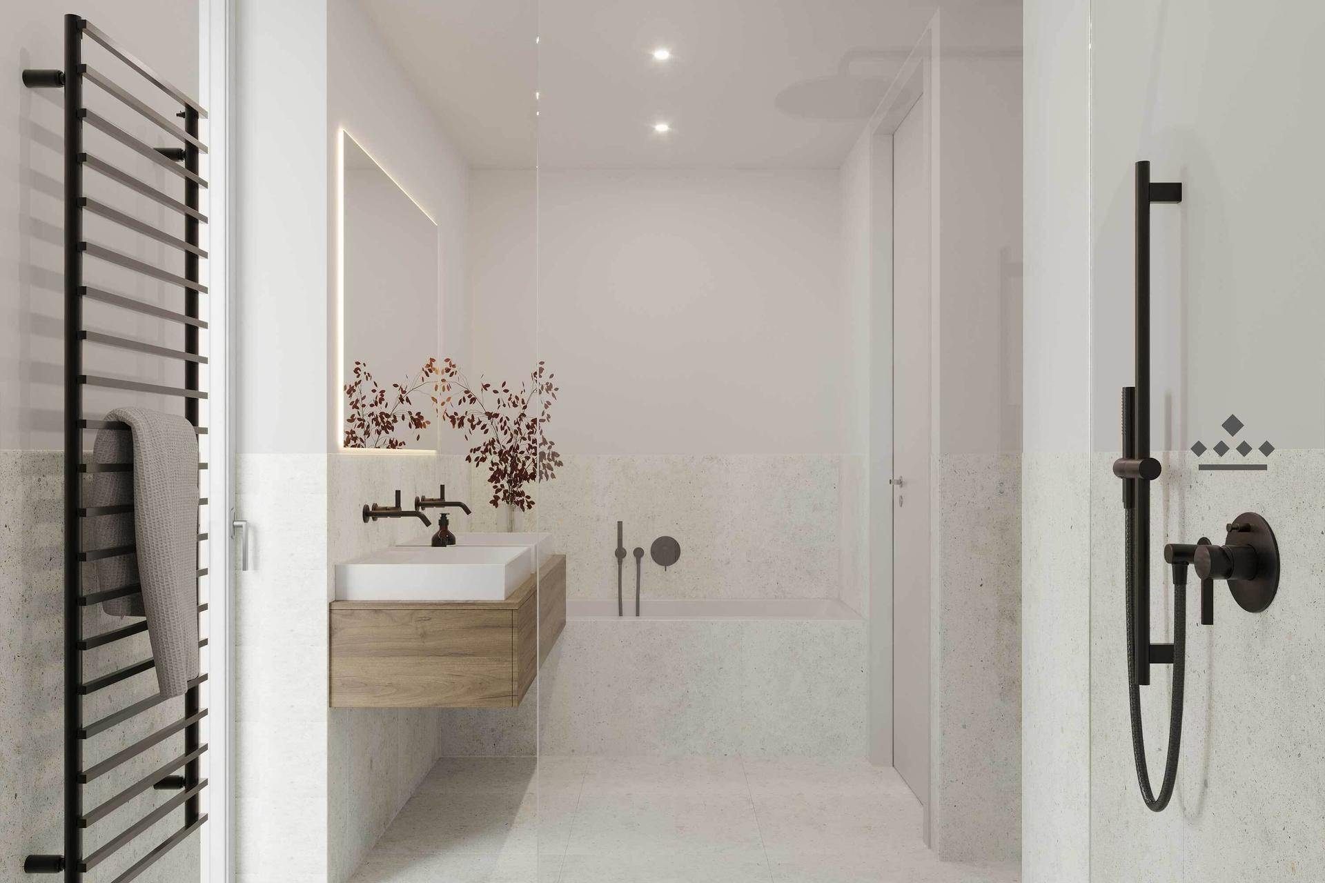 Modernes Badezimmer in hellen Tönen mit Badewanne, Waschtisch und schwarzem Handtuchheizkörper.