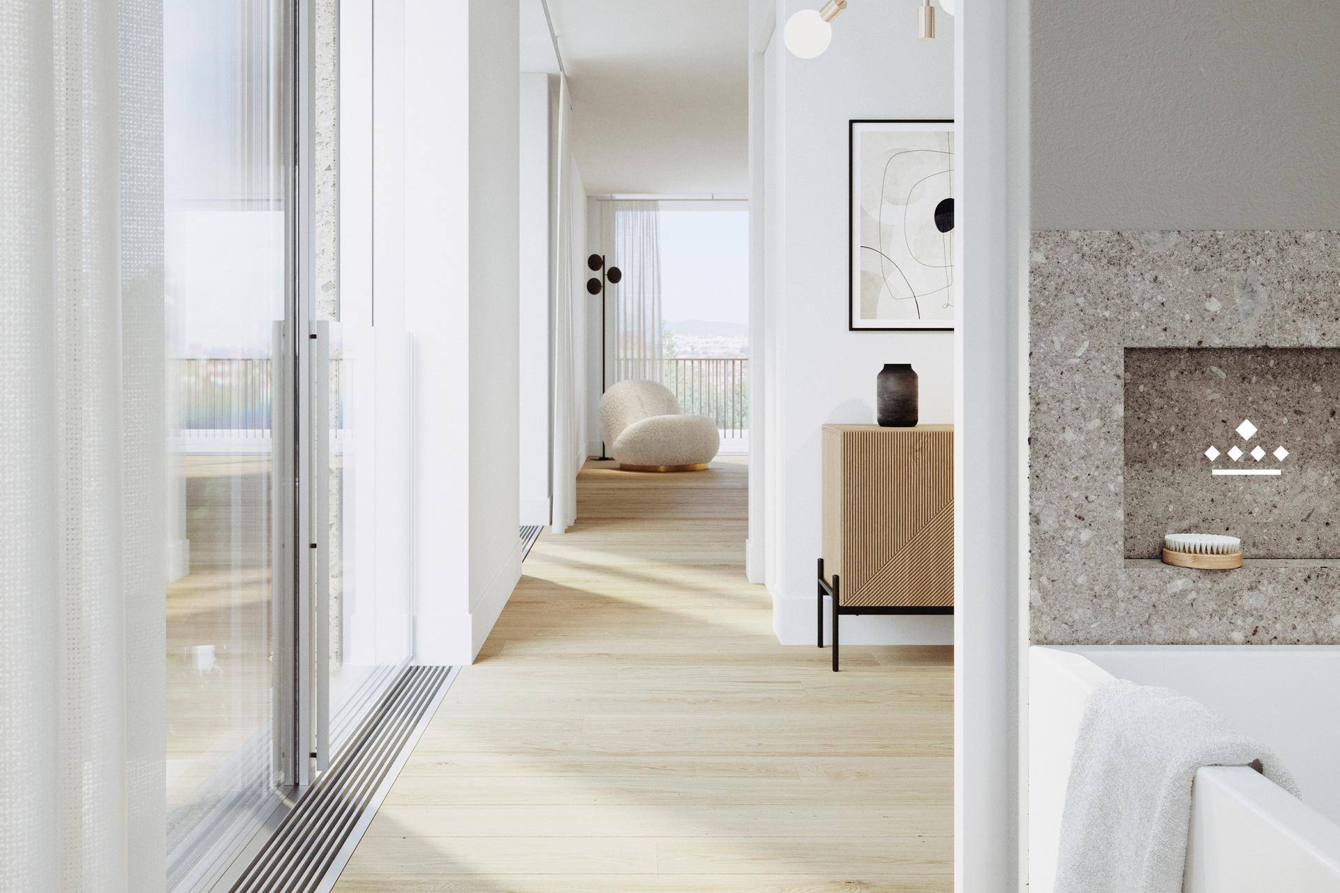 Heller Flur mit Holzfußboden und Blick auf einen modernen Wohnbereich mit großen Fenstern.