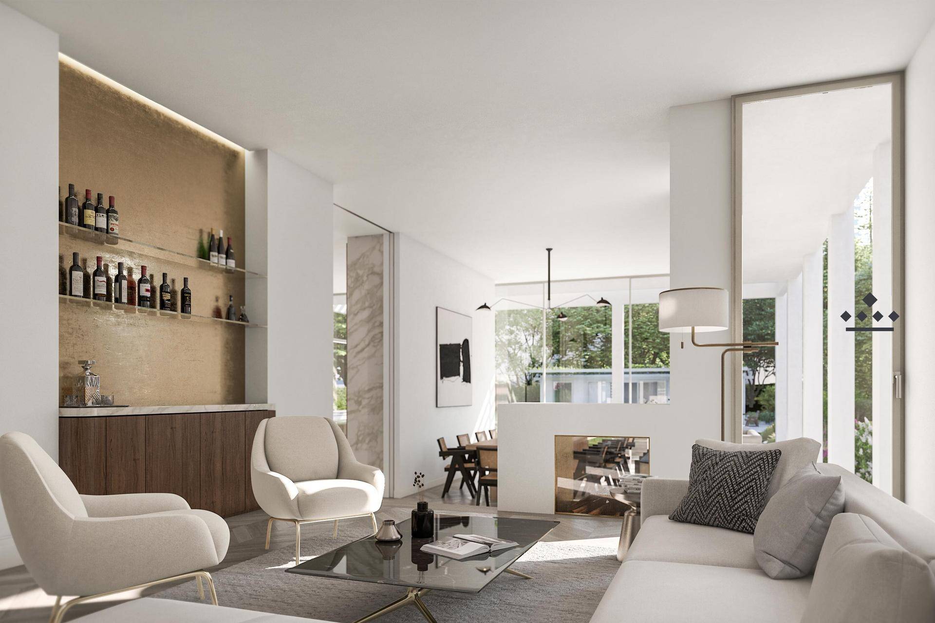 Geräumiges Wohnzimmer mit integrierter Bar, Kamin und Blick ins Grüne.