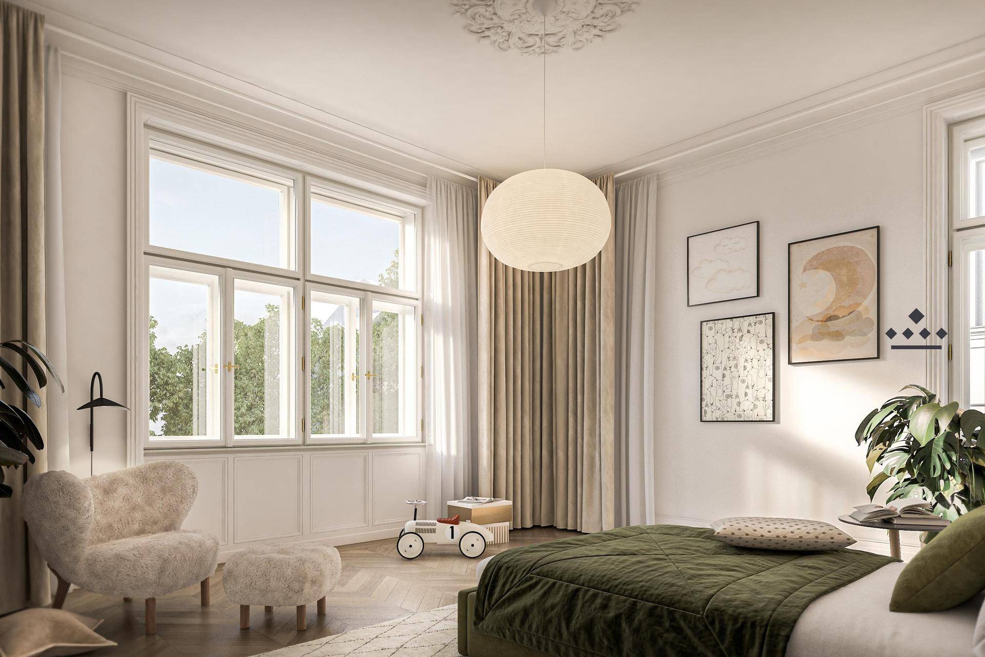 Helles Schlafzimmer mit großen Fenstern, Parkettboden und moderner Dekoration.
