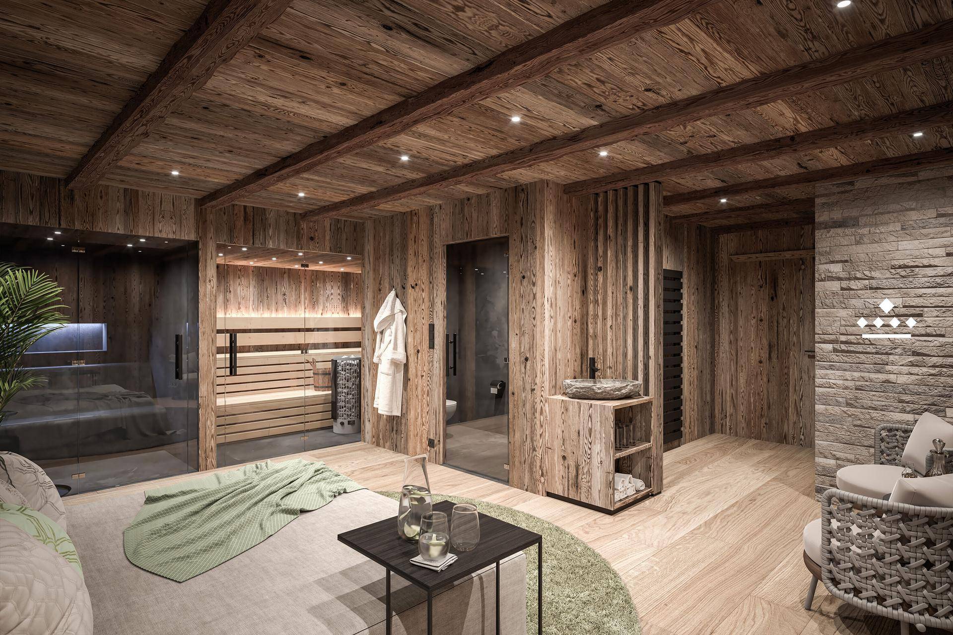 Exklusiver Wellnessbereich mit Sauna, Dusche und gemütlicher Entspannungsecke in Holzoptik.
