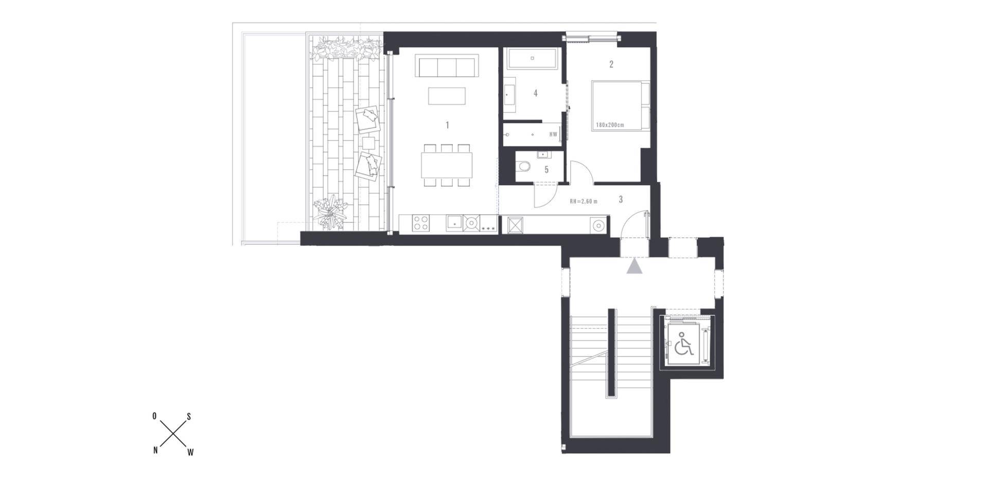 Grundriss einer Wohnung mit offenem Wohnbereich, Schlafzimmer und barrierefreiem Zugang.