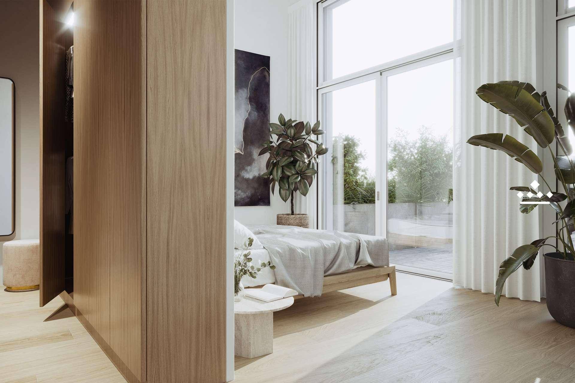 Modernes Schlafzimmer mit großen Fenstern, Holzboden und Zugang zur Terrasse.