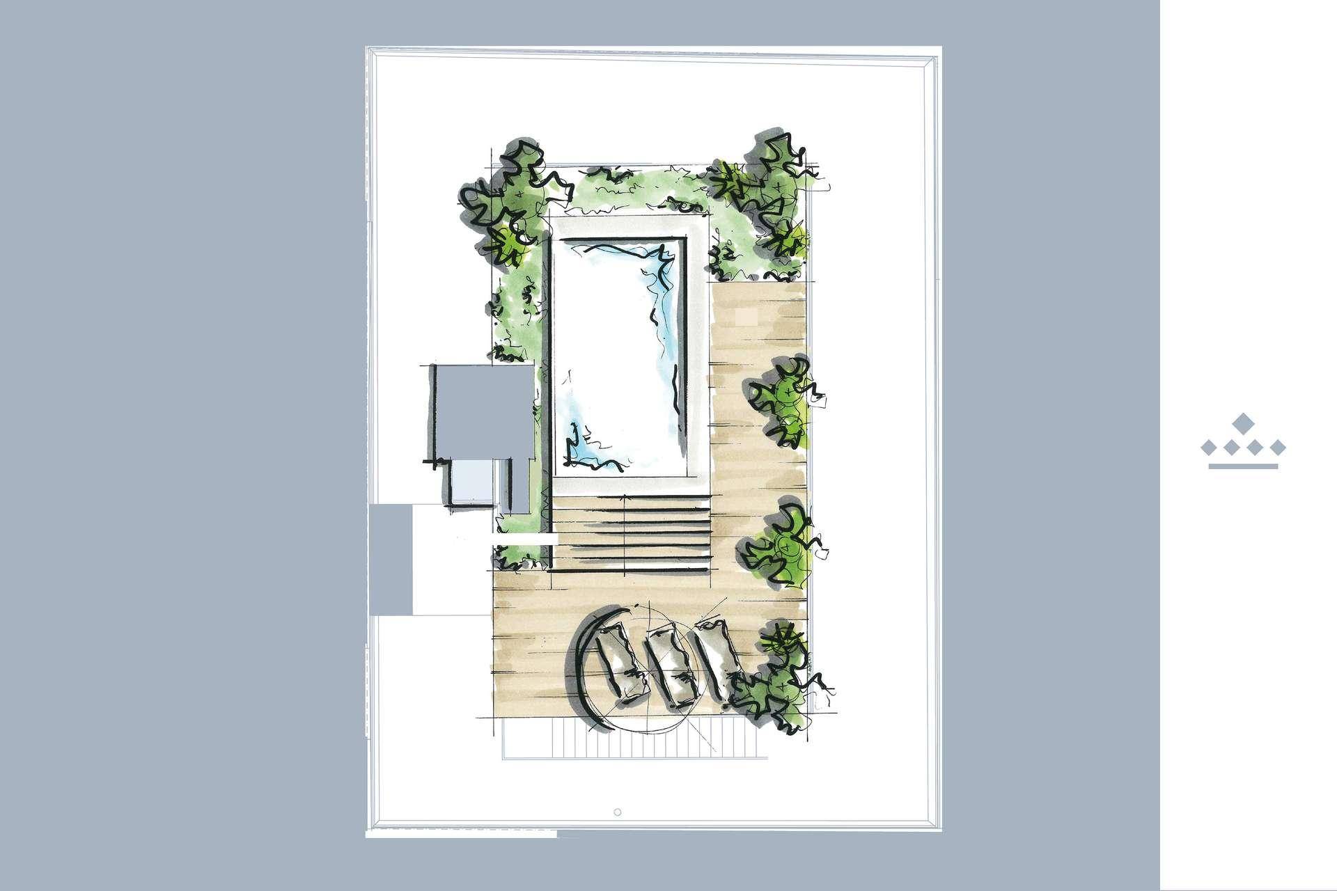 Grundriss einer Dachterrasse mit Pool, Liegebereich und Grünflächen.