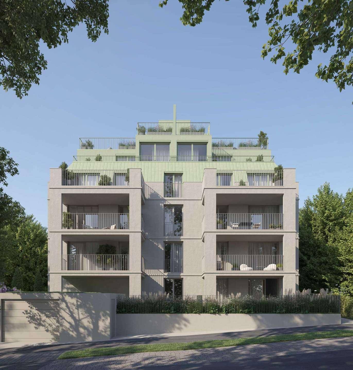 Moderne Wohnanlage mit mehreren Balkonen und begrüntem Dach in städtischer Umgebung.