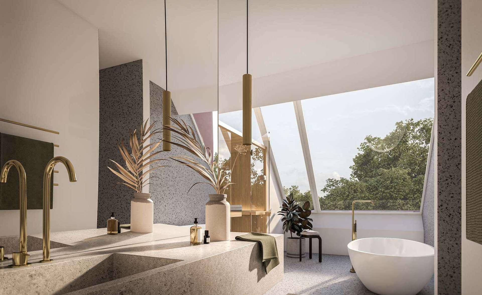 Modernes Badezimmer mit freistehender Badewanne, großem Fenster und stilvollen goldenen Armaturen.