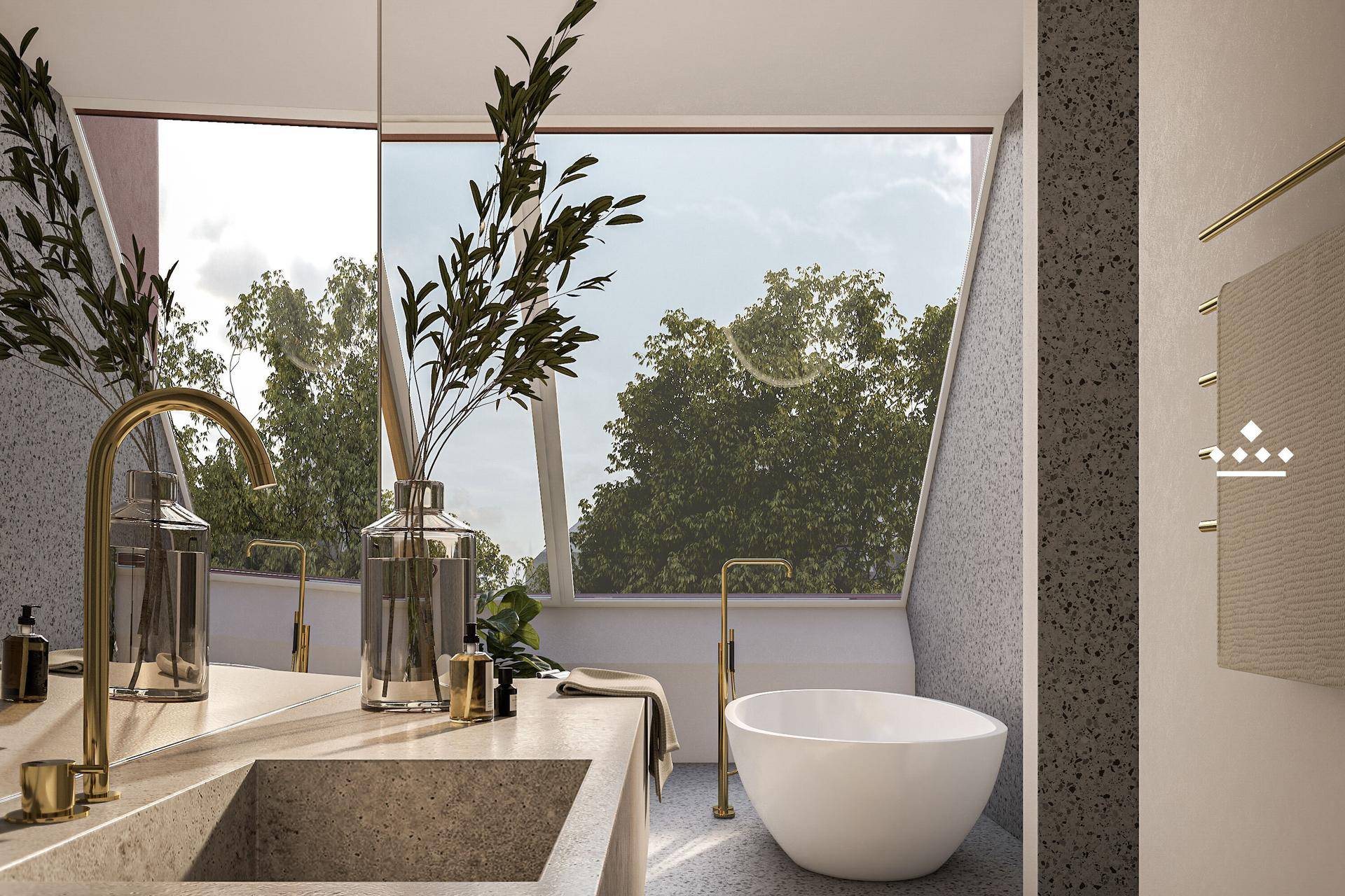 Helles Badezimmer mit freistehender Badewanne, Doppelwaschbecken und Blick ins Grüne.