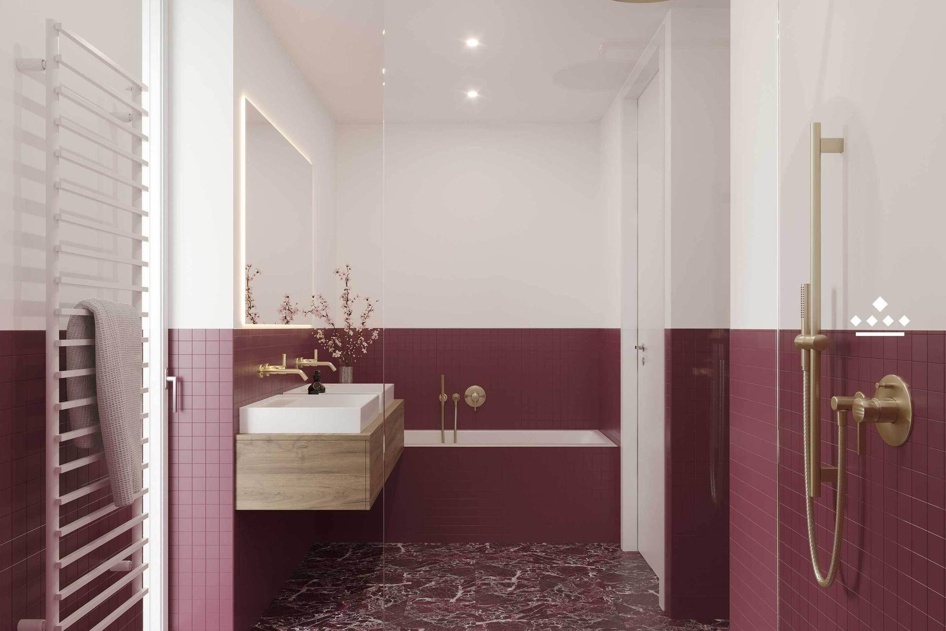Stilvolles Badezimmer mit dunklen Fliesen, elegantem Waschtisch und moderner Badewanne.