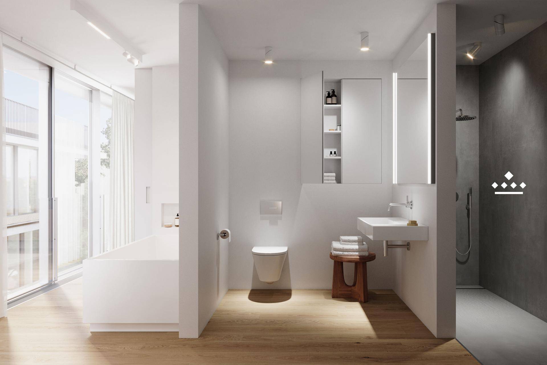 Helles, modernes Badezimmer mit Badewanne, wandhängendem WC und separater Dusche.