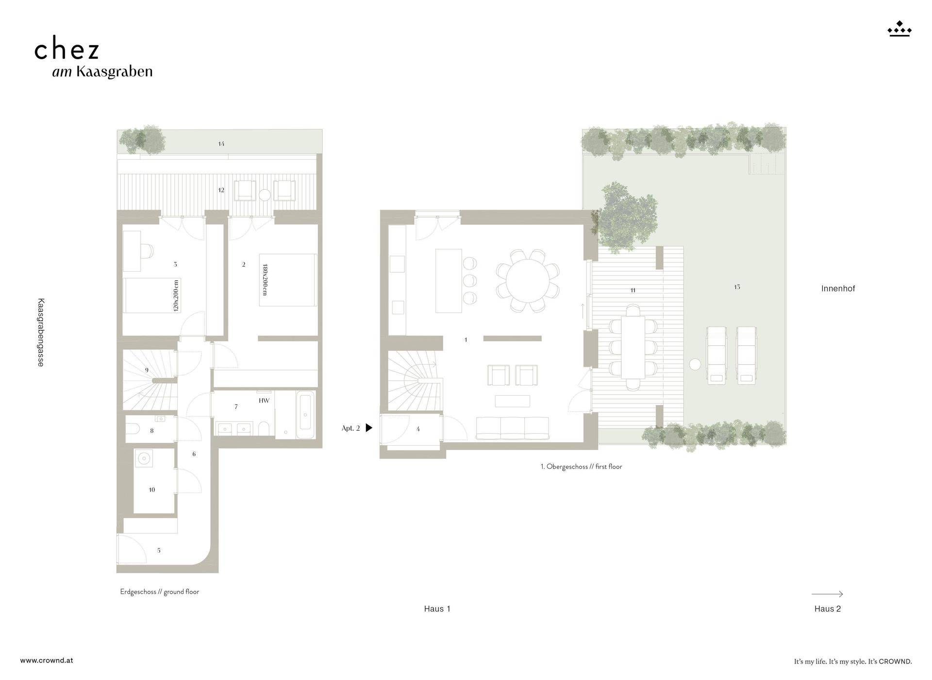 Grundriss zeigt zwei Ebenen mit offenem Wohnbereich, Garten und Terrasse.