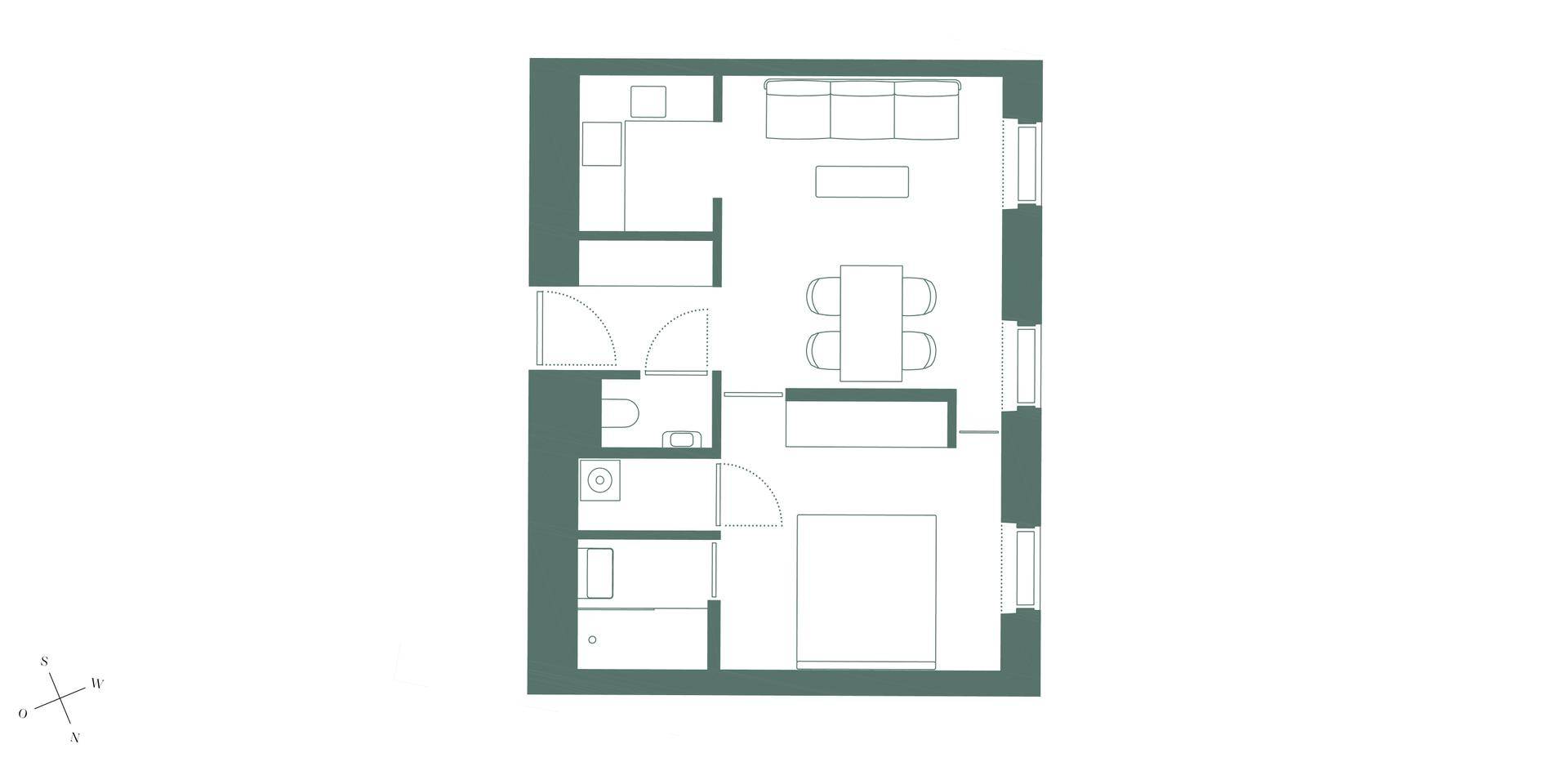 Grundriss einer Wohnung mit offenem Wohnbereich, Schlafzimmer und Badezimmer.