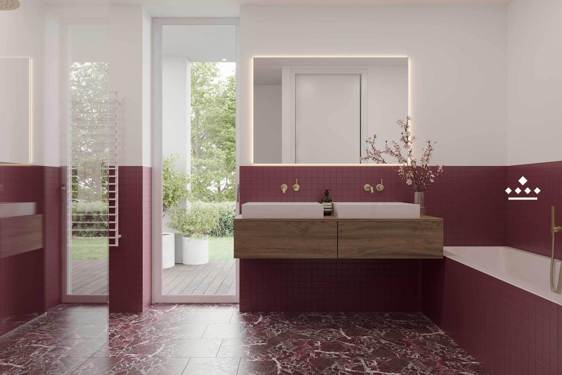 Auffälliges Badezimmer mit roten Fliesen, Doppelwaschbecken und Badewanne, mit Zugang zum Garten.