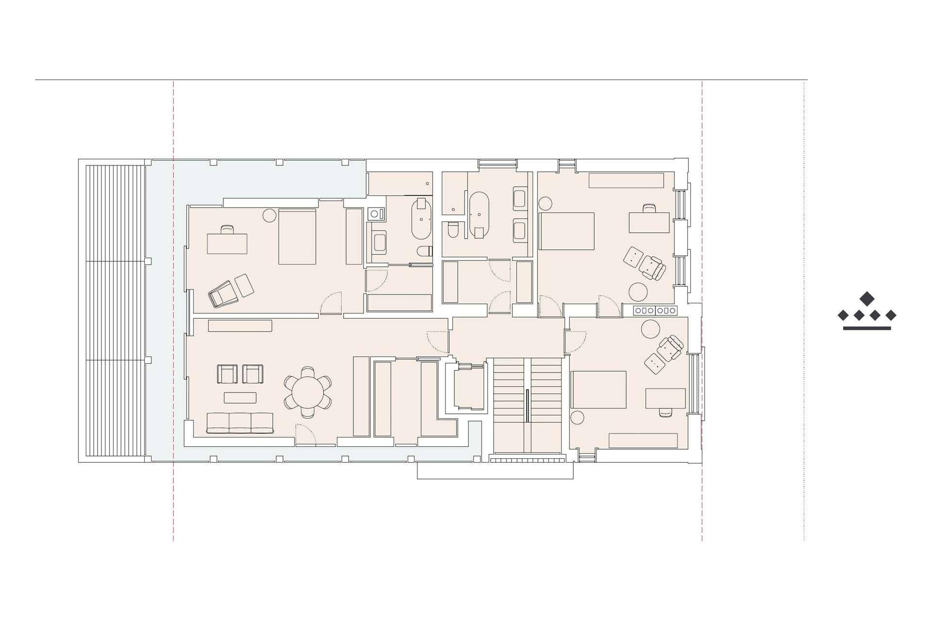 Grundriss eines Obergeschosses mit mehreren Schlafzimmern und Badezimmern.