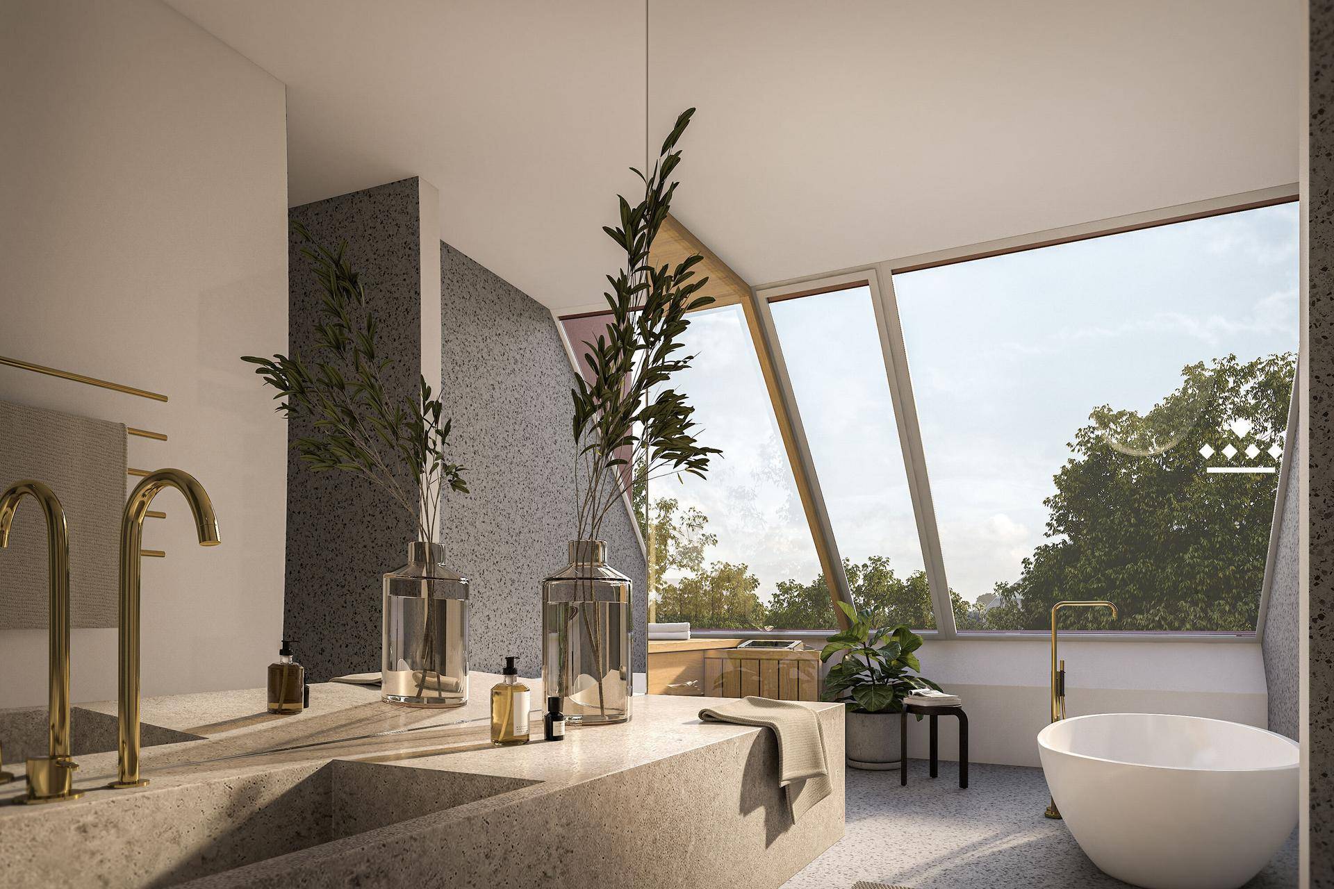 Modernes Badezimmer mit Doppelwaschbecken, freistehender Badewanne und großen Fenstern.