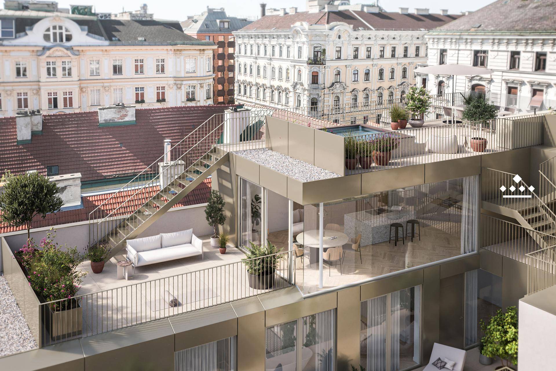 Architektonische Visualisierung des modernen Gebäudes mit Dachterrassen und Stadtansicht.