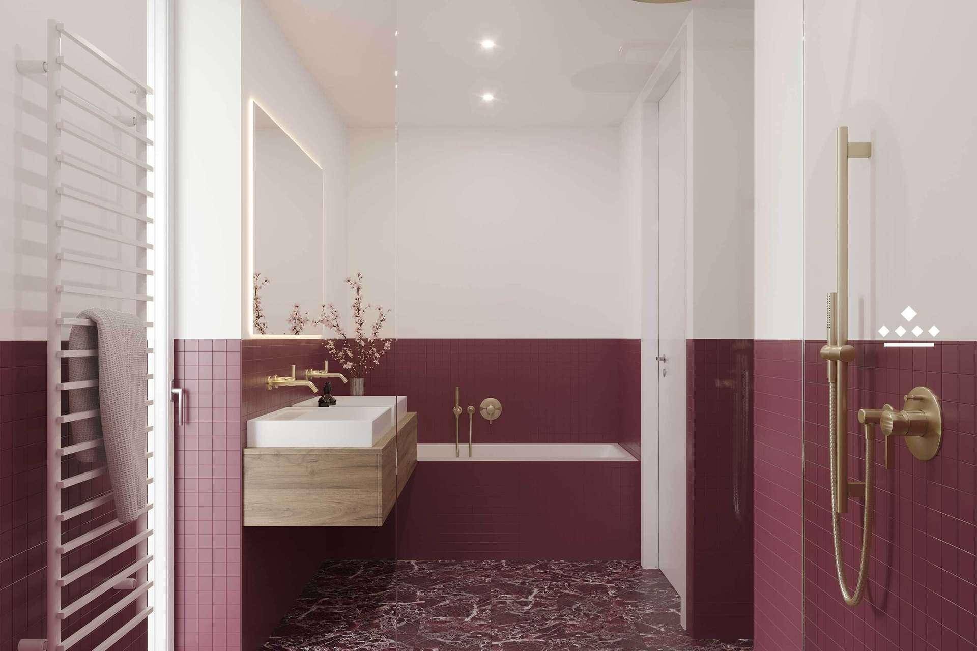 Elegantes Badezimmer mit Badewanne, Dusche, Einzelwaschbecken und roten Marmorfliesen.