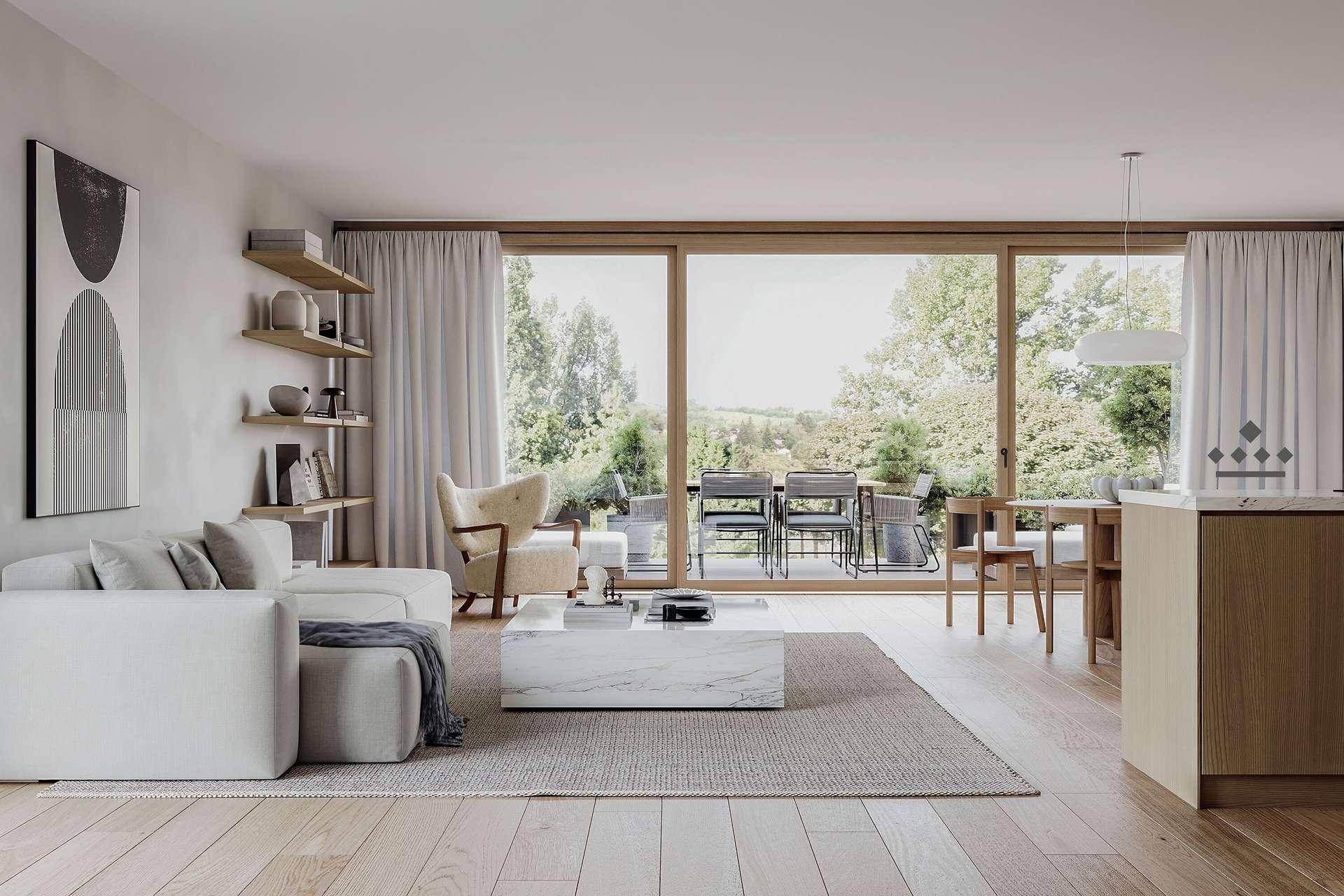 Helles, modernes Wohnzimmer mit Holzboden, Marmortisch und Zugang zu einer großen Außenterrasse.