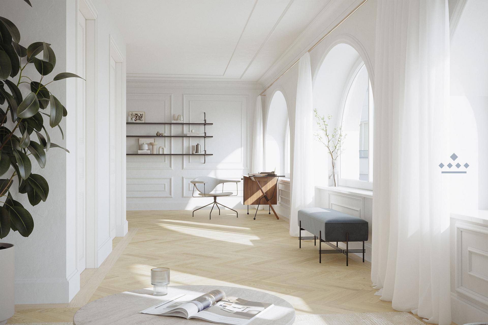 Heller, lichtdurchfluteter Raum mit hohen Decken, Fischgrätparkett und eleganten Rundbogenfenstern, ideal als Büro.