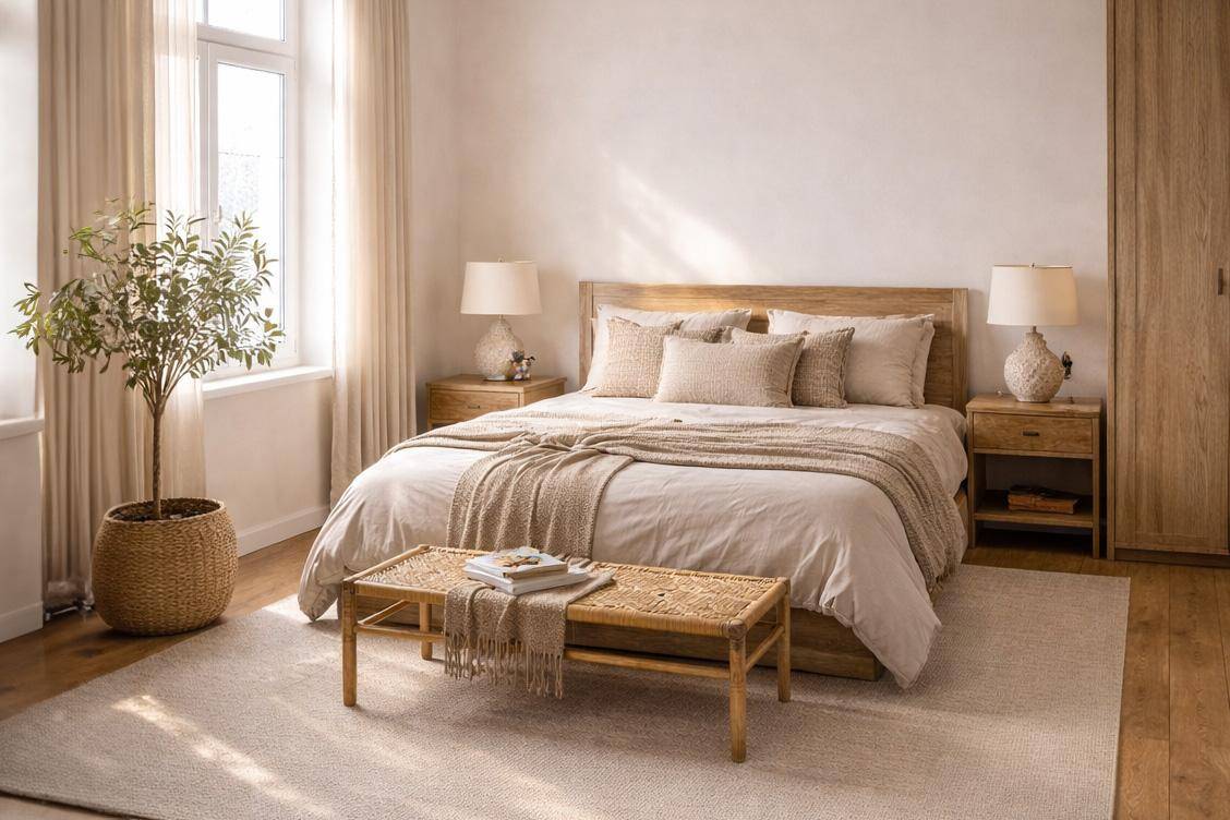 Gemütliches Schlafzimmer mit hellem Holzbett, Nachttischen und weichem Teppichboden.