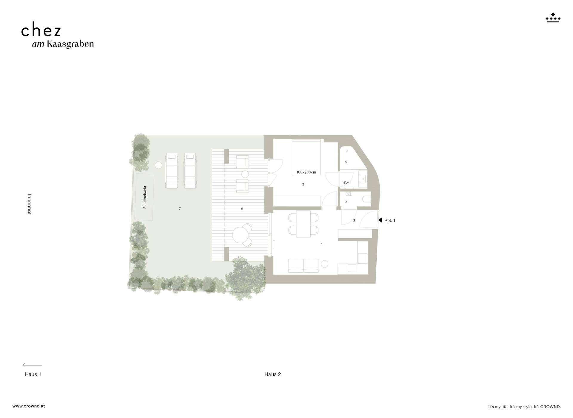 Grundriss einer Wohnung mit Garten, Terrasse und offenem Wohnbereich.