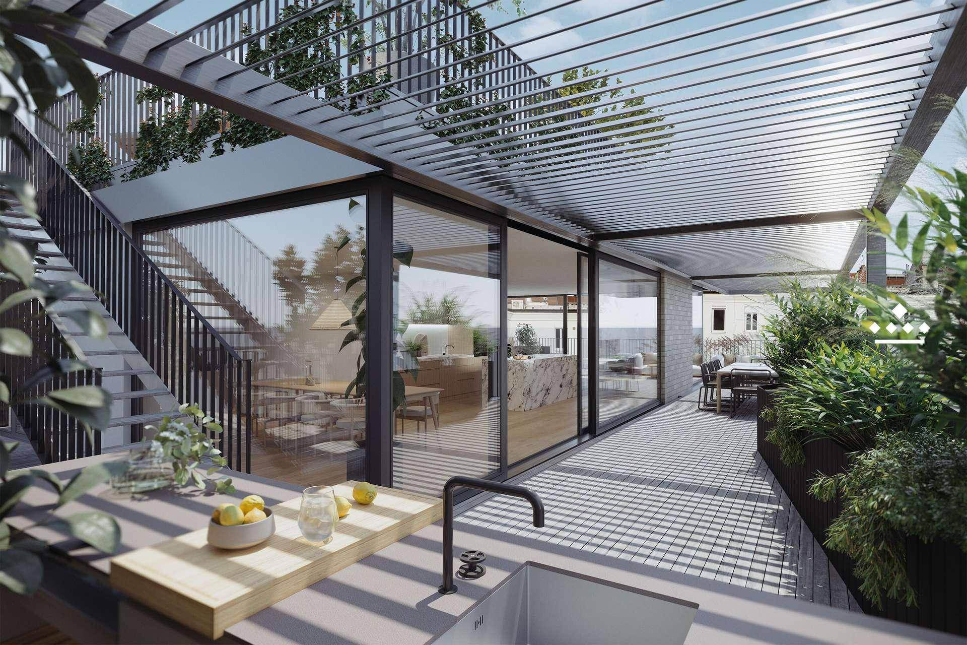 Moderne Außenküche auf einer Terrasse mit Pergola und Blick in den offenen Wohnbereich.