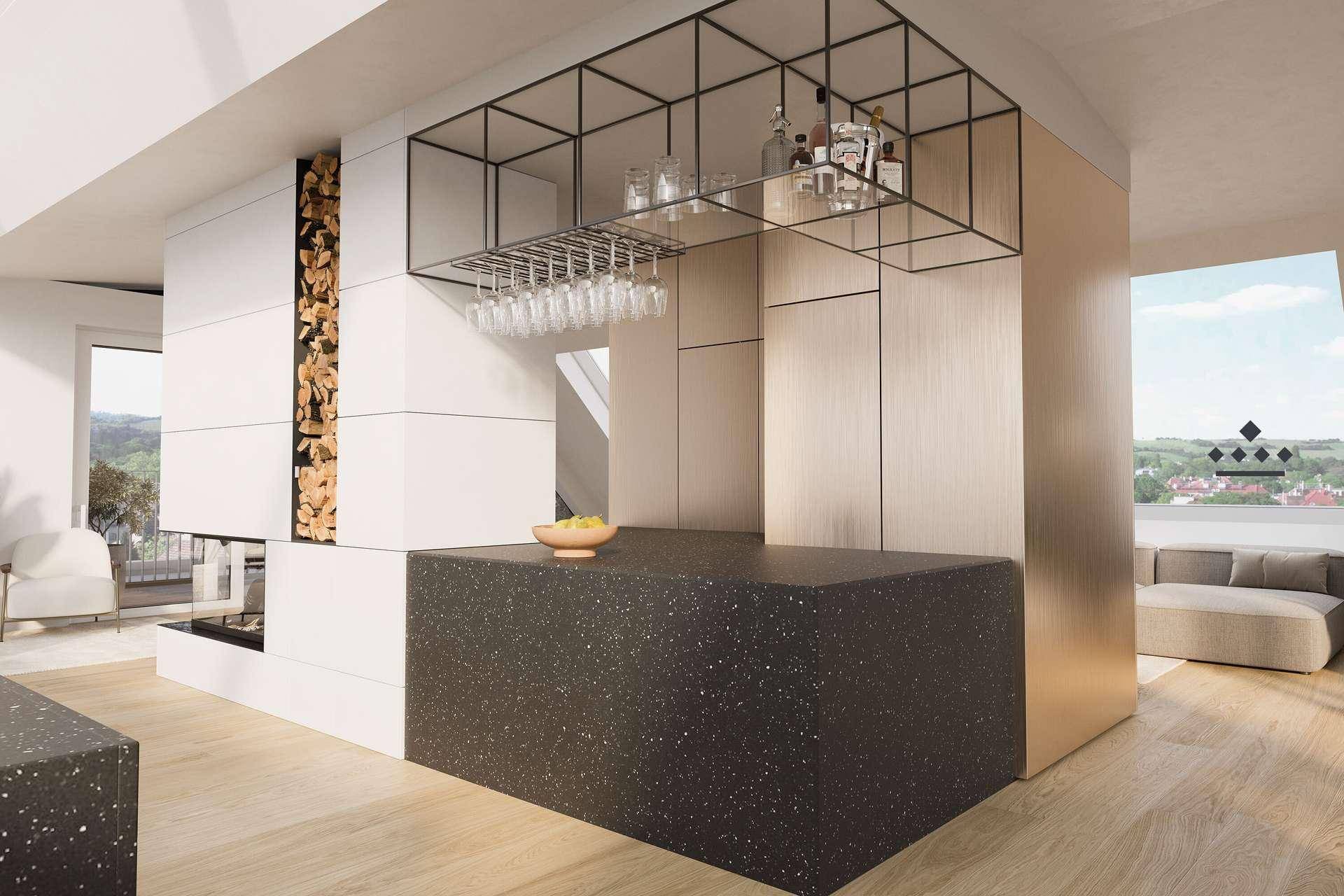 Heller Wohnbereich mit moderner Bar, integriertem Kamin und Blick auf die Umgebung.