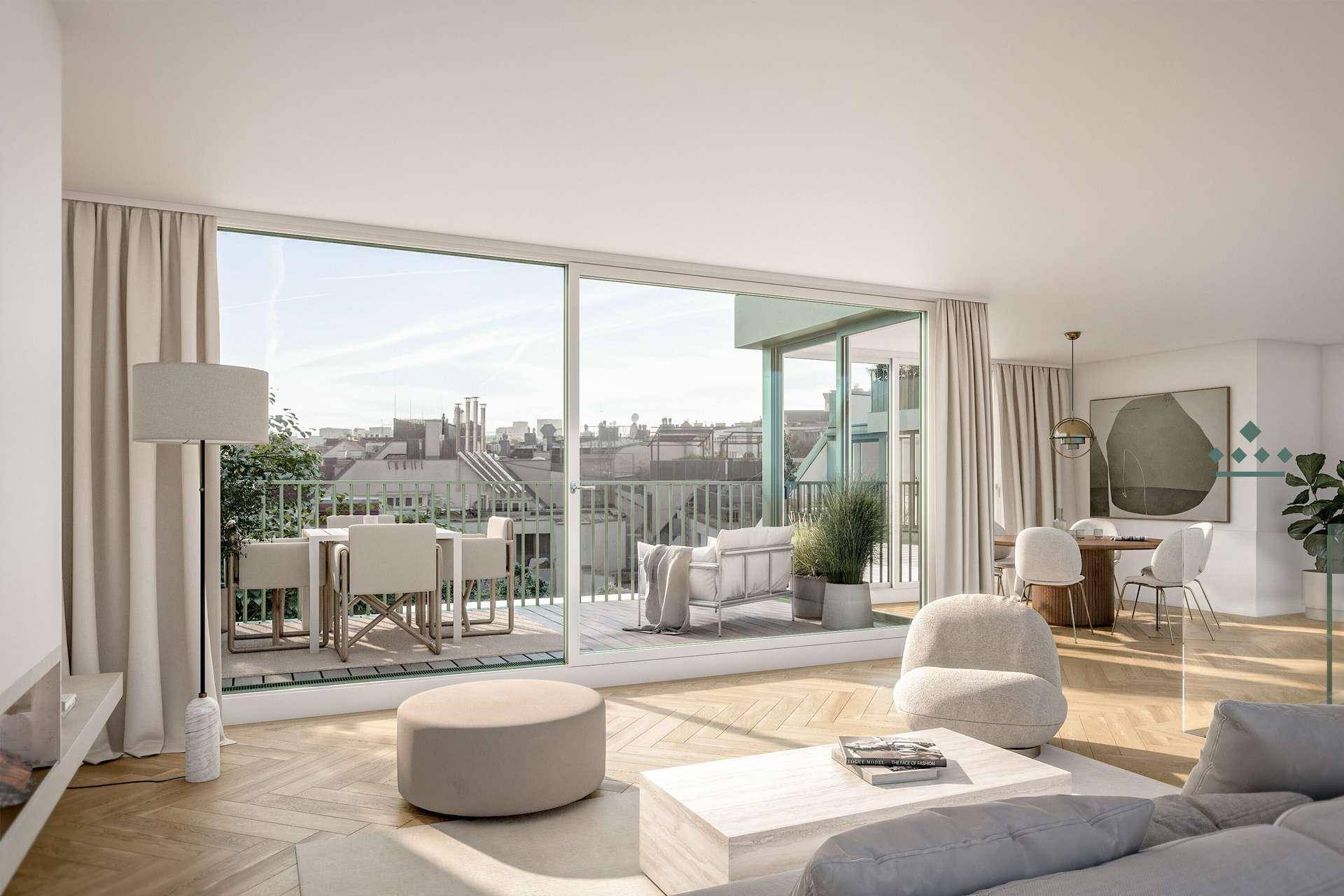 Heller Wohn-Essbereich mit großen Schiebetüren, die zu einem möblierten Balkon mit Stadtblick führen.