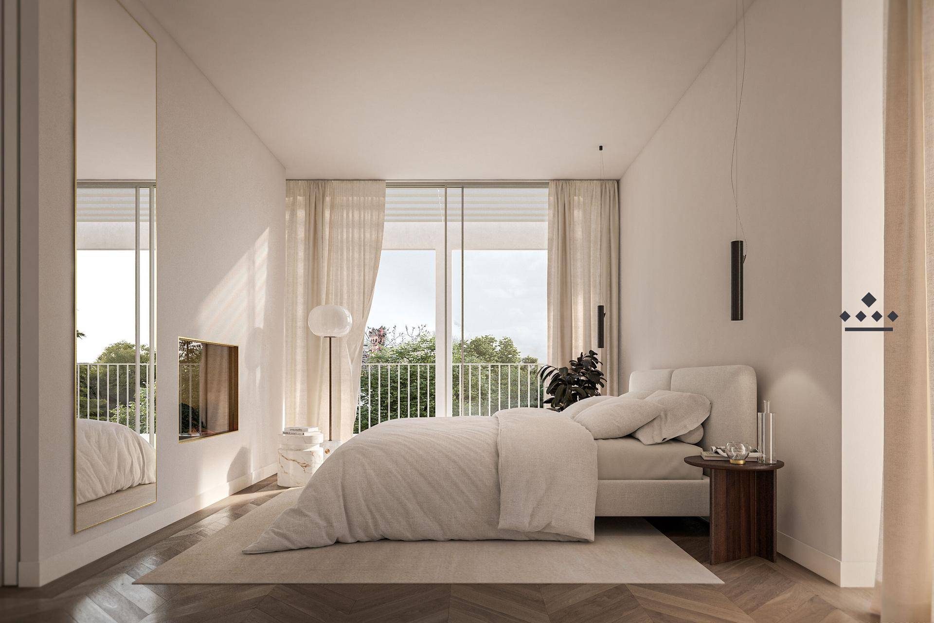 Ruhiges Schlafzimmer mit Balkonzugang, Kamin und minimalistischer Einrichtung.