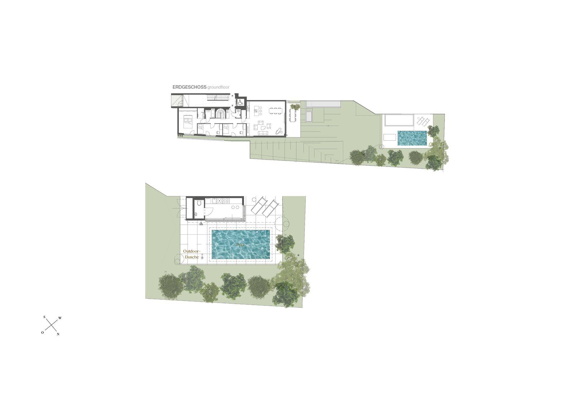 Gesamtübersicht des Grundstücks mit Erdgeschoss-Grundriss und separatem Poolbereich.