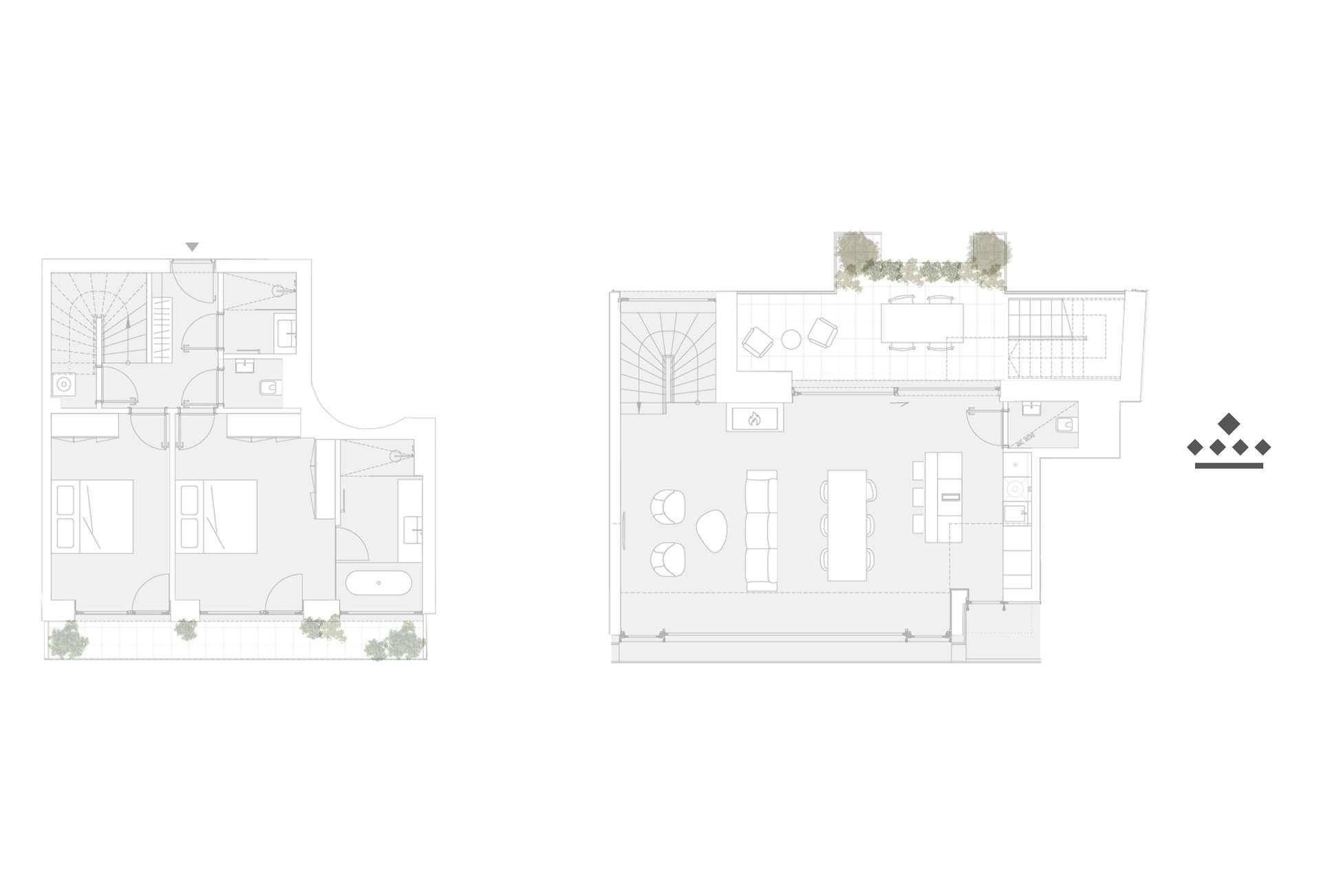 Grundriss einer Maisonette-Wohnung mit Schlafzimmern, Bad und offenem Wohnbereich mit Terrasse.