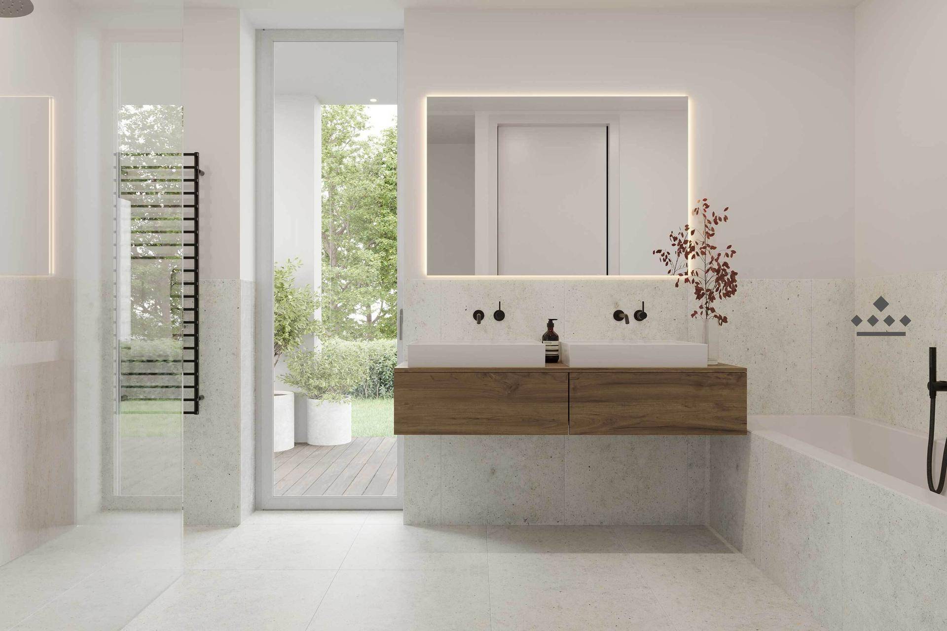 Elegantes Badezimmer mit Holzwaschtisch, Doppelwaschbecken und Zugang zum Garten, ausgestattet mit Handtuchheizkörper.