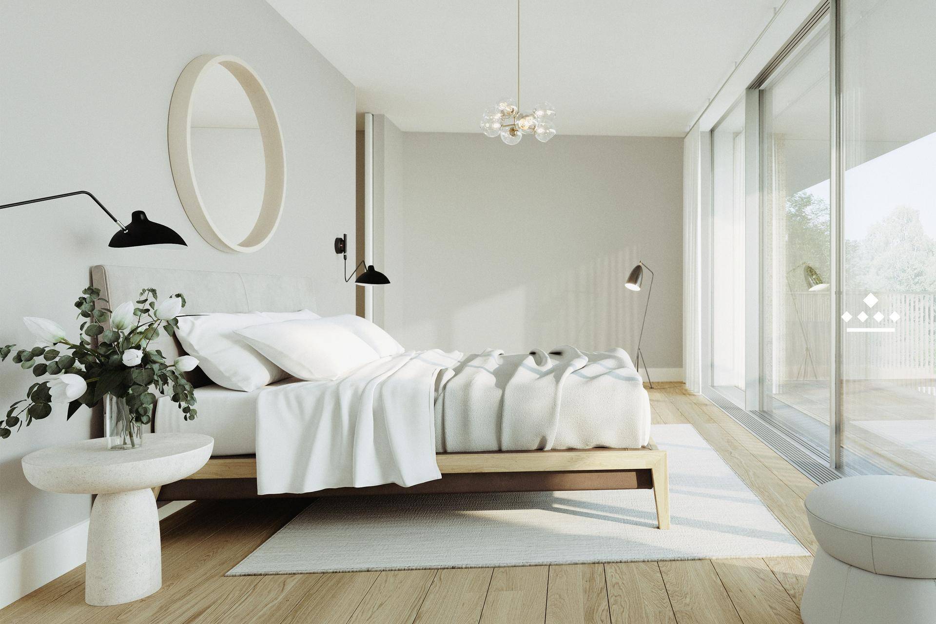 Modernes Schlafzimmer mit Holzbett, Parkettboden und großen Schiebetüren zur Terrasse.