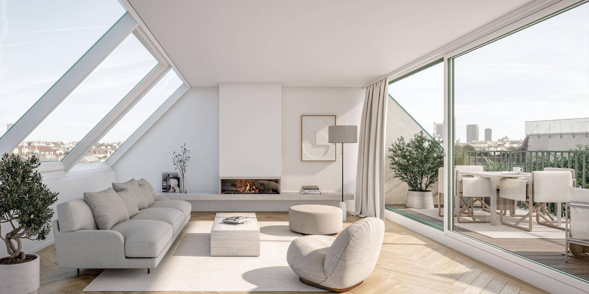 Helles Wohnzimmer mit Kamin, Dachschrägen und Zugang zu einer großen Dachterrasse.
