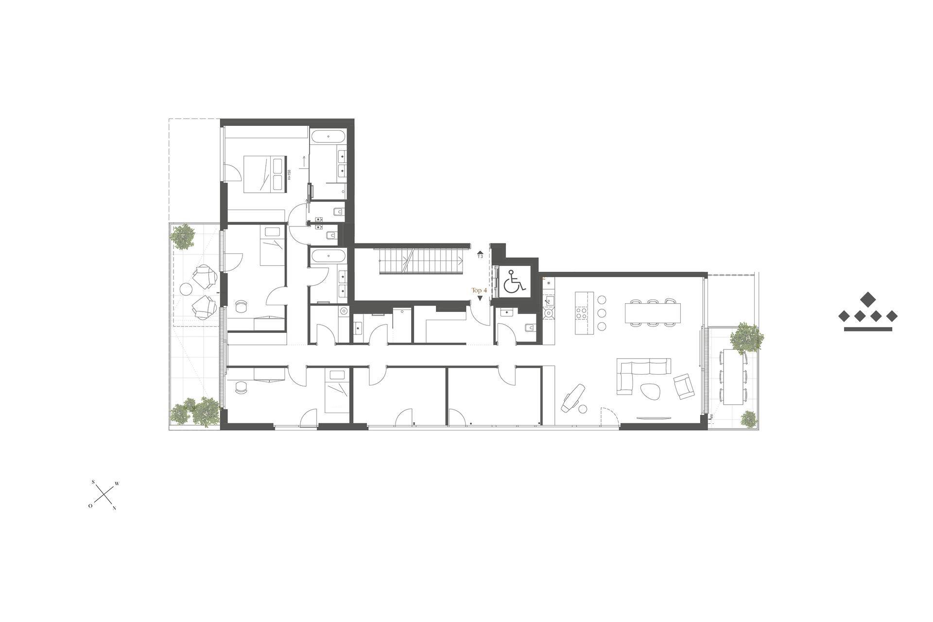 Detaillierter Grundriss einer Wohnung mit mehreren Zimmern und Außenbereichen.