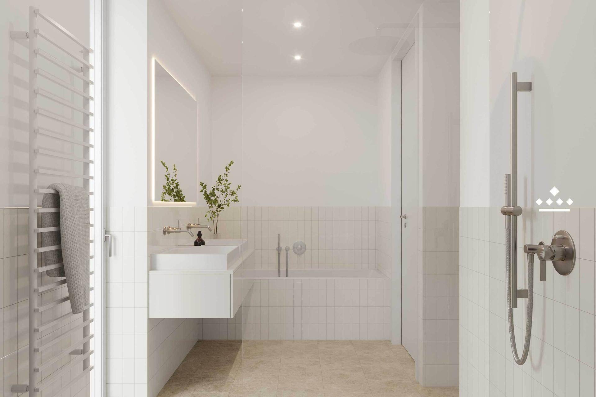 Modernes Badezimmer mit schwebendem Waschtisch, integrierter Badewanne und beheiztem Handtuchhalter.