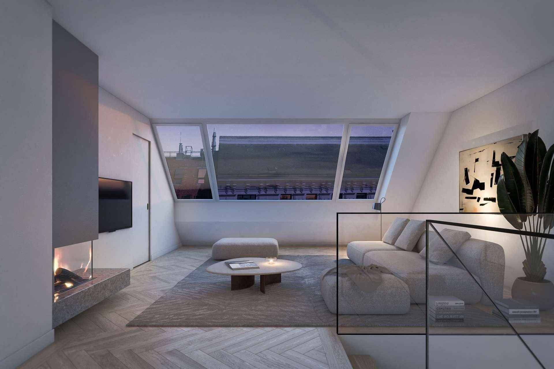 Modernes Wohnzimmer mit Kamin, Dachschrägen und großen Fenstern mit Stadtblick.