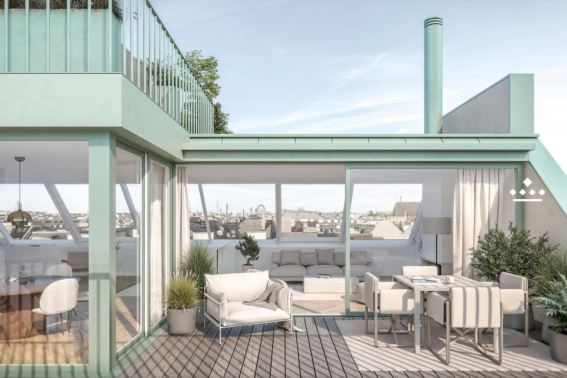 Geräumige Terrasse mit Sitzgelegenheiten und Blick in den offenen Wohnbereich eines Penthouses.