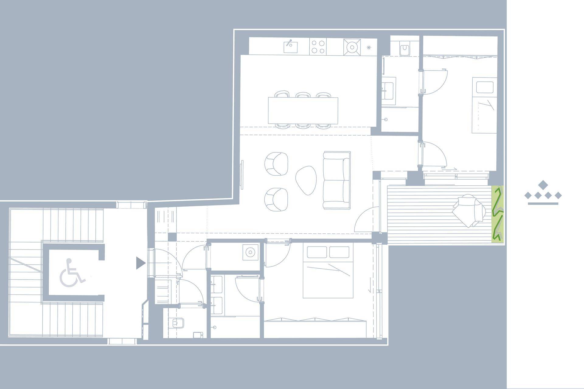 Grundriss einer Wohnung mit offenem Wohnbereich, Schlafzimmer, Bad und Balkon, inklusive barrierefreiem Zugang.