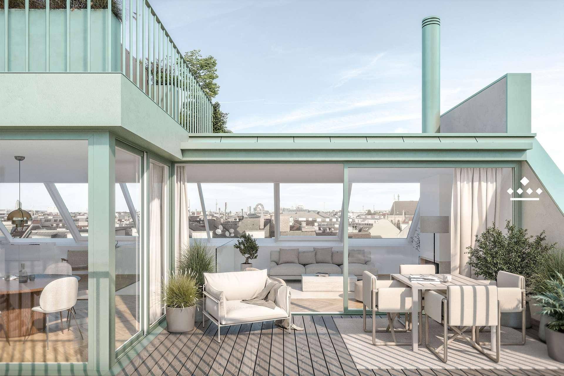Geräumige Dachterrasse mit bequemen Sitzgelegenheiten und weitem Blick über die Stadt.