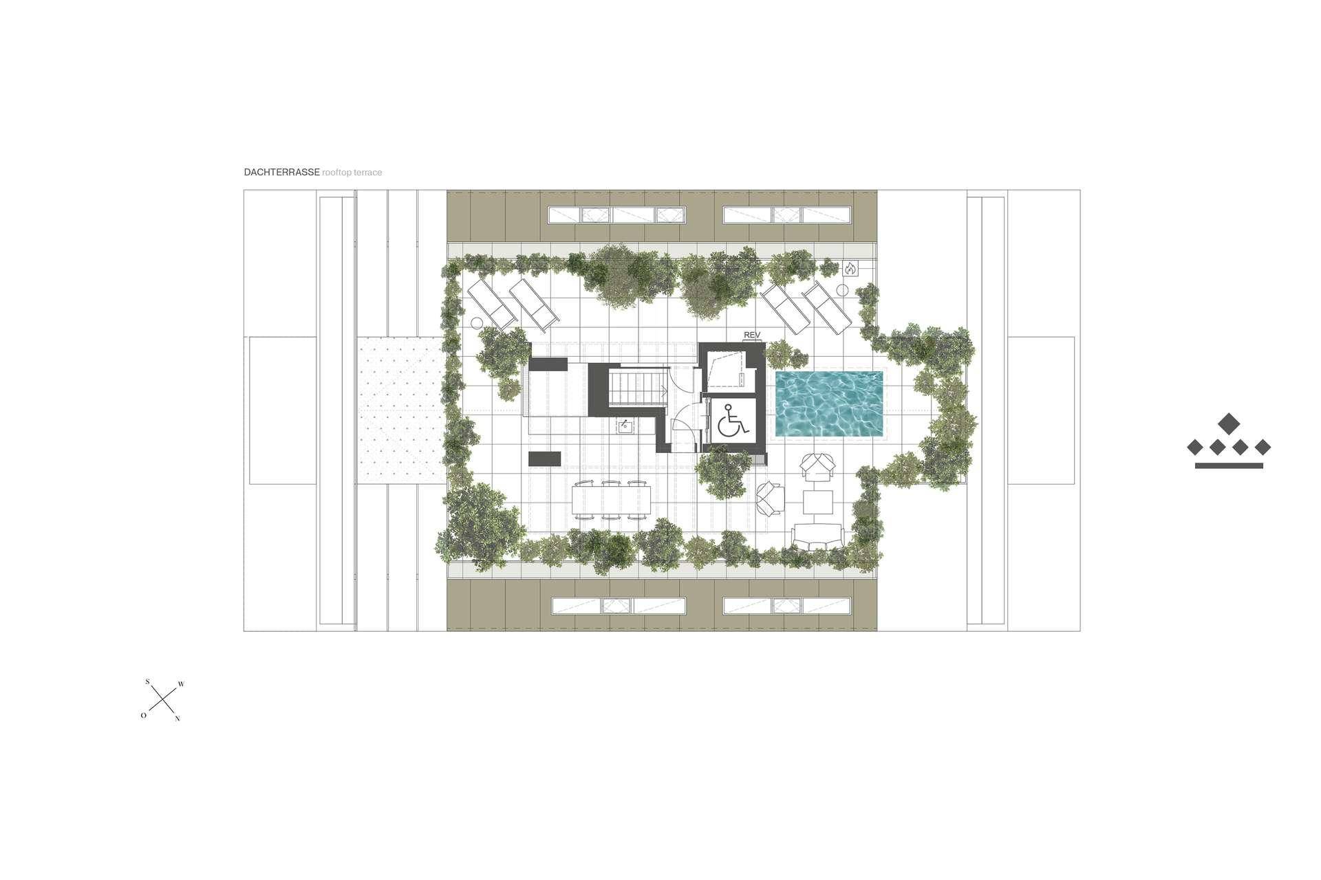 Grundriss der Dachterrasse mit Pool, Liegeflächen und Essbereich im Freien.
