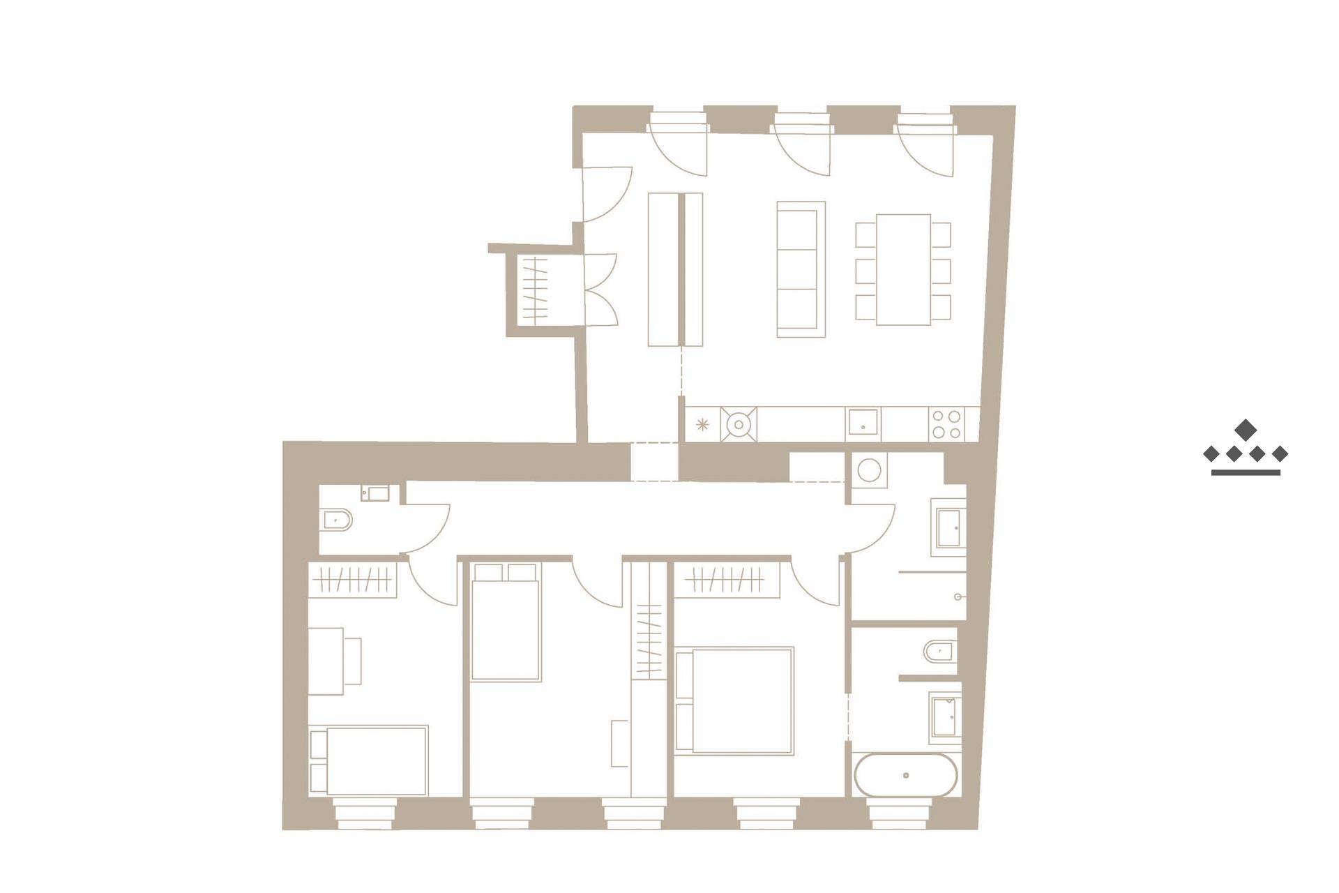 Übersichtlicher Grundriss einer Wohnung mit offenem Wohnbereich, drei Schlafzimmern und zwei Bädern.