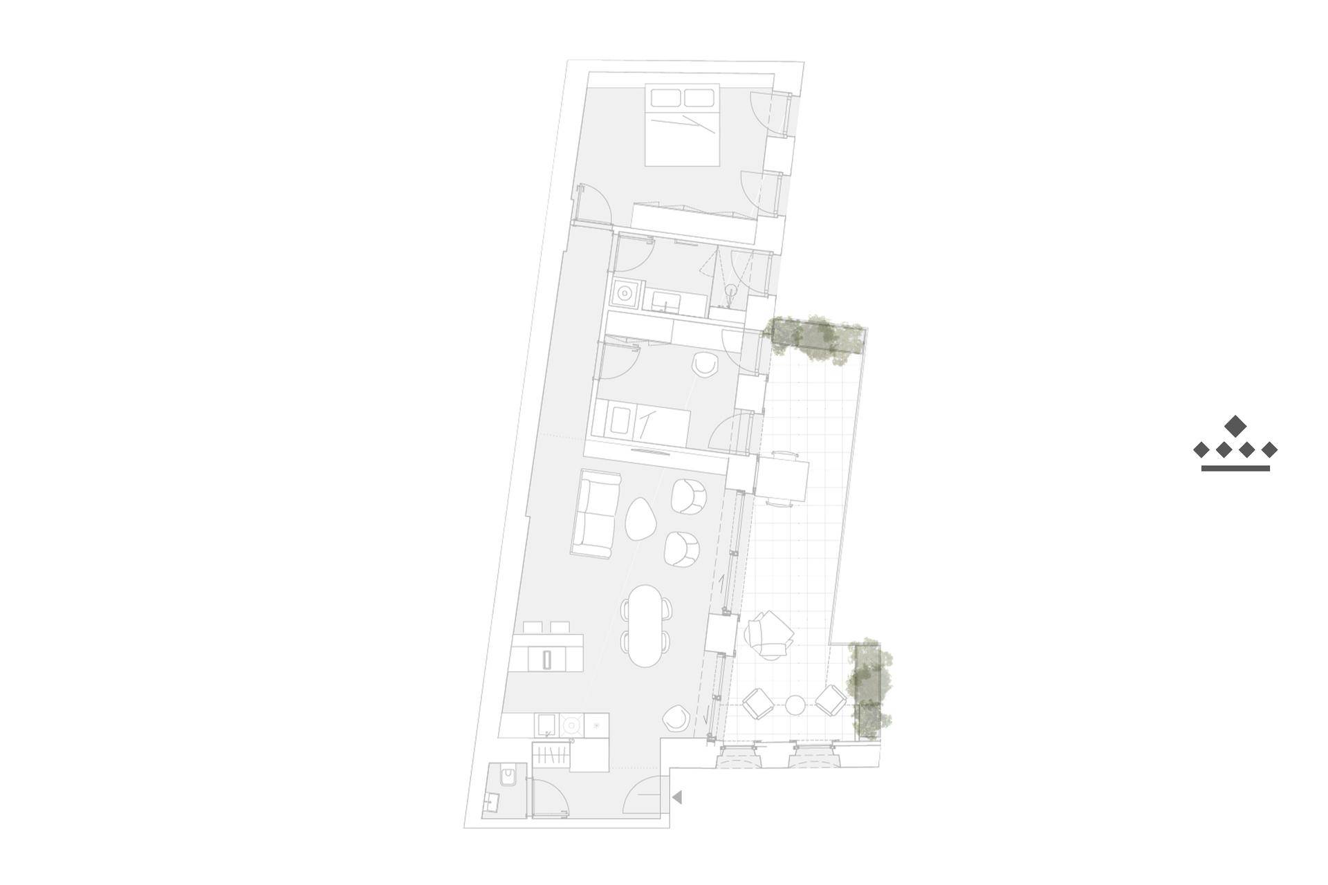 Grundriss einer Wohnung mit Schlafzimmer, offenem Wohnbereich und Balkon.