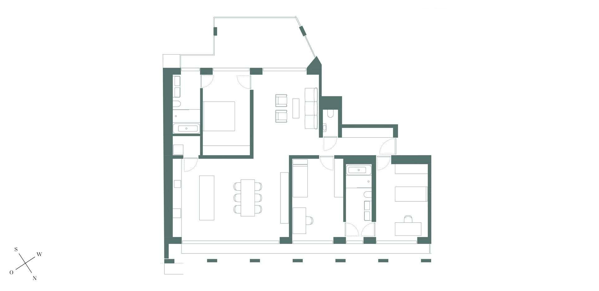 Grundriss einer Wohnung mit mehreren Zimmern, Bädern und Balkonzugang.