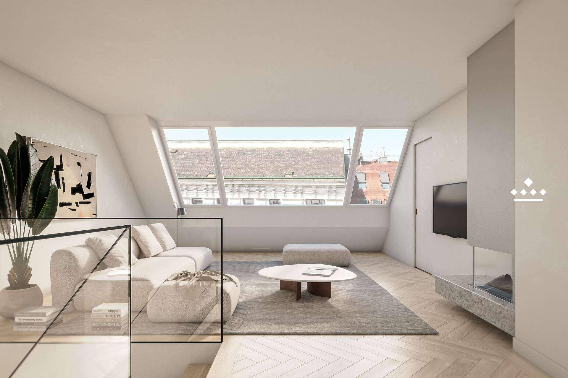 Gemütliches Wohnzimmer im Dachgeschoss mit schrägen Wänden, modernen Möbeln und Blick auf die Stadt.