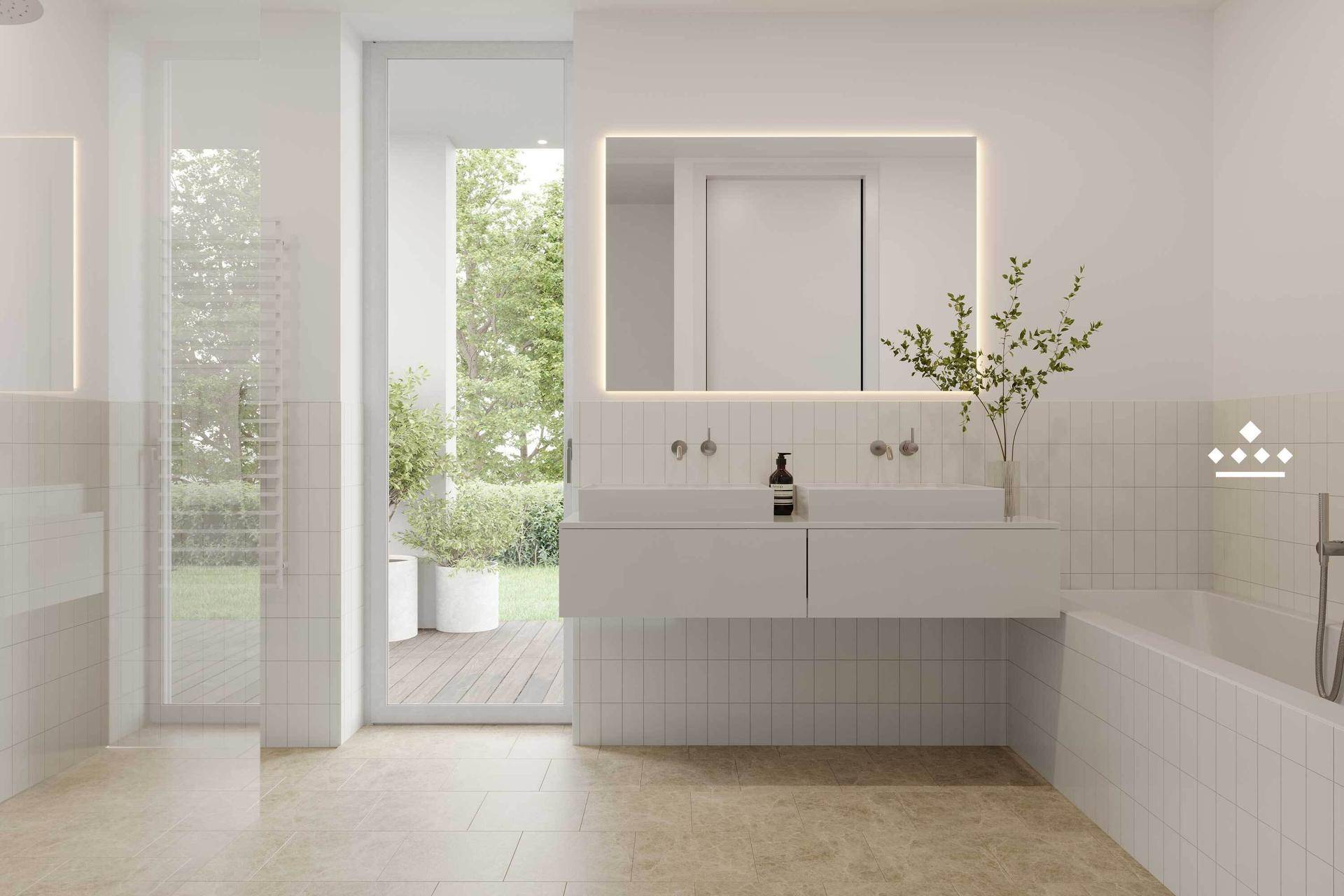 Modernes Badezimmer mit Doppelwaschbecken, Badewanne und Zugang zu einer Terrasse oder Garten.